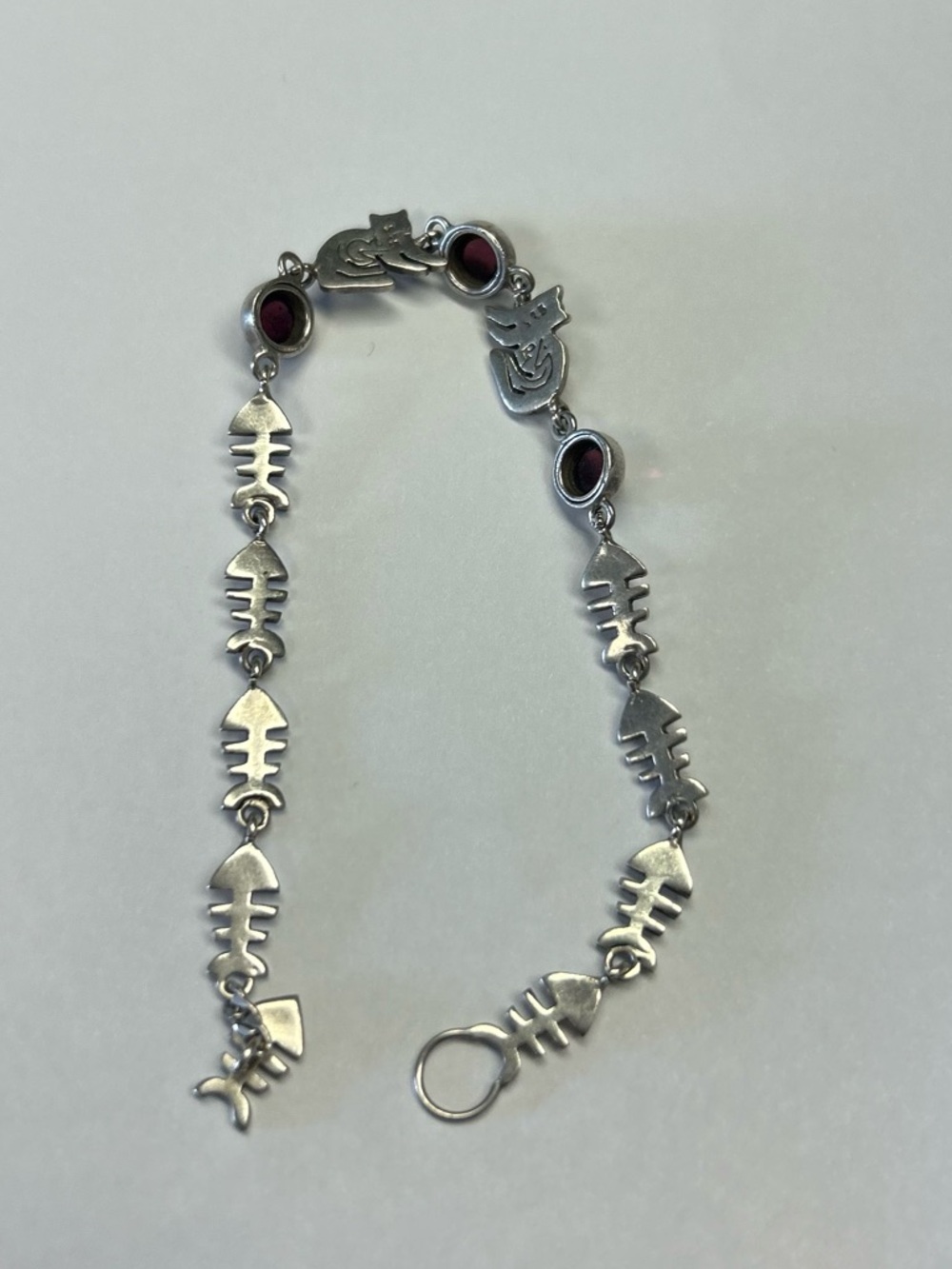 Vintage Fish bones cat garnet gemstone link bracelet sterling silver 925 - Picture 7 of 16